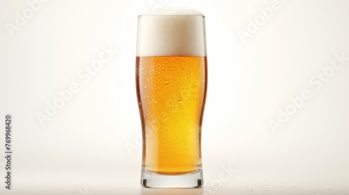 Beer glass filled with lager, with white head and slight glow behind, against neutral background
