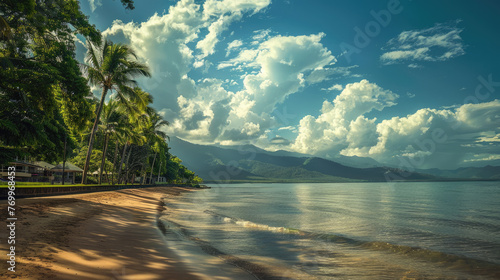 Tropical Paradise Beach with Palm Trees, Mountains, and a Blue Sky