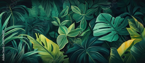 A painting of tropical leaves in the darkness, showcasing vibrant shades of green and electric blue, evoking a mysterious and enchanting atmosphere
