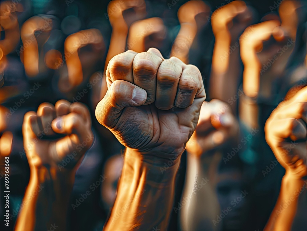 Diverse group of people raising fists in protest, symbolizing unity and ...