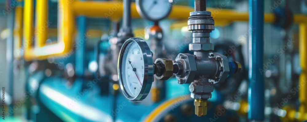 Fototapeta premium System pressure gauge close up . Boiler and valve expansion tank system