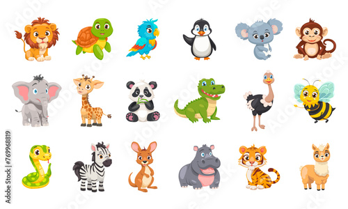 Fototapeta Naklejka Na Ścianę i Meble -  Collection of cute wild animals of the world. Cartoon baby animals, fauna with different mammals jungle, safari.