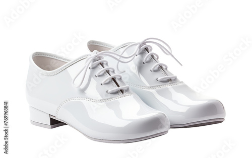 A luxurious pair of pristine white shoes elegantly displayed on a clean white background