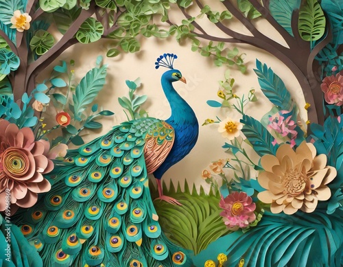 Paper craft style illustration of peacock in garden with flower and tree