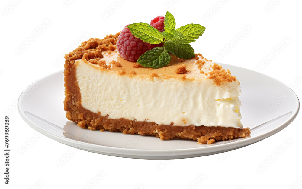 A luscious piece of cheesecake rests elegantly on a pristine white plate A luscious piece of cheesecake rests elegantly on a pristine white plate