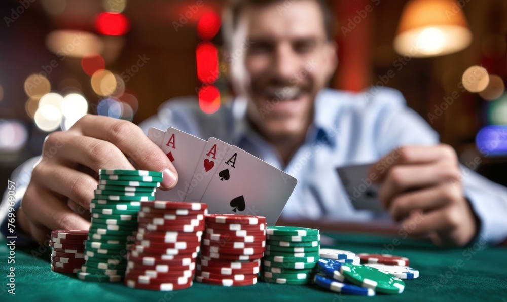 Very happy man winning money in casino. Gambling theme.