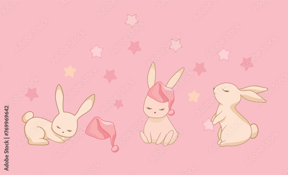 Vector illustration of rabbits with a hat and stars around them. Delicate art in soft tones. Vector illustration of rabbits with a hat and stars around them. Delicate art in soft tones.