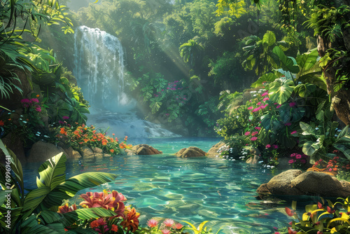 A lush green jungle with a waterfall and a river