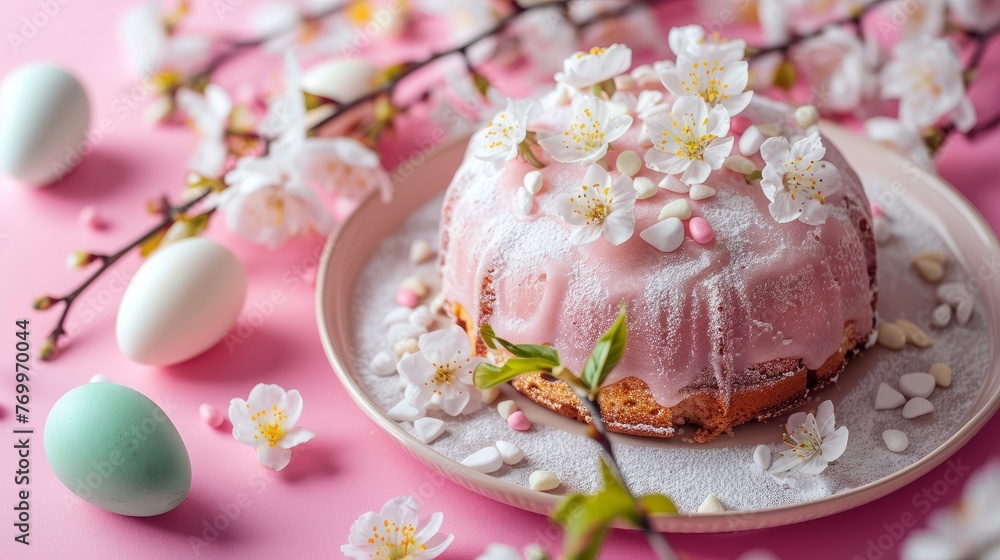 Easter cake garnished with sugar on a Beautiful Pink background