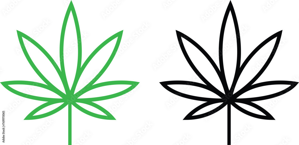 Cannabis leaf icon set. hemp marijuana leaf vector symbol in black and green color. CBD weed leaf sign herbal nature organic Isolated Collection flat and line symbol for web site Computer and mobile.