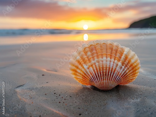 Emphasize a single seashell on a sandy beach at sunrise - Tranquil and serene - Dawn with soft, golden light - Close-up shot with natural textures