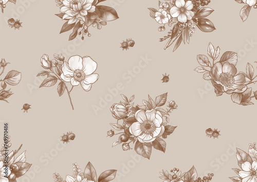 Boutonniere of wild rose flowers and berries Seamless pattern, background. Outline hand drawing vector illustration. In botanical style