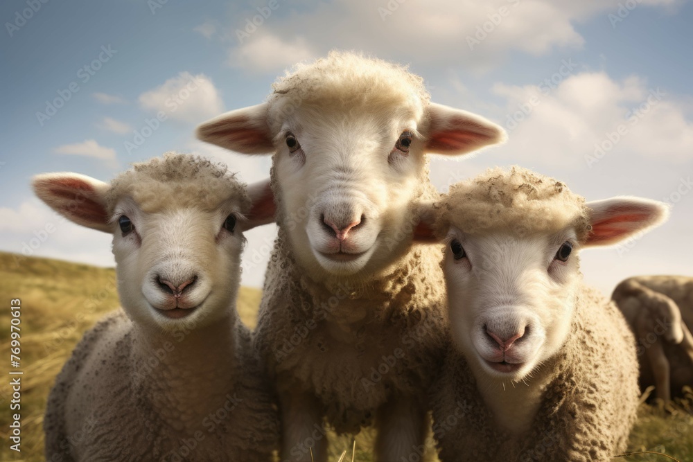 Two small lambs and a large sheep looking up at the camera, their eyes filled with wonder and trust Two small lambs and a large sheep looking up at the camera, their eyes filled with wonder and trust