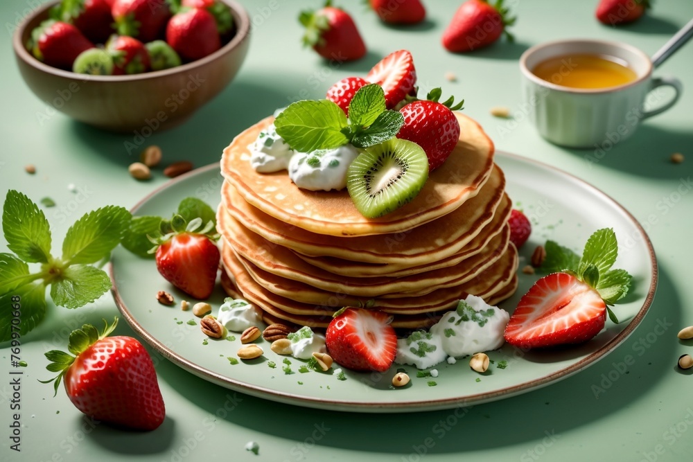 thin pancakes with fresh strawberries, kiwi, cottage cheese, in a plate
