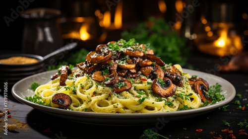 Plate of Pasta With Mushrooms and Parmesan Cheese