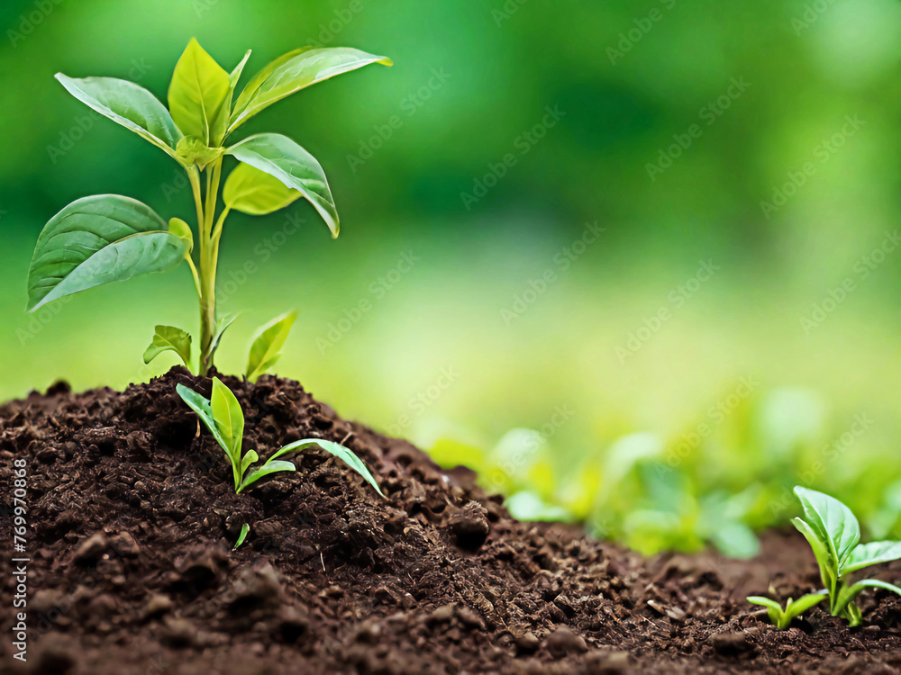Green plant growing in soil with green nature background. Renewable eco energy concept, future Green plant growing in soil with green nature background. Renewable eco energy concept, future