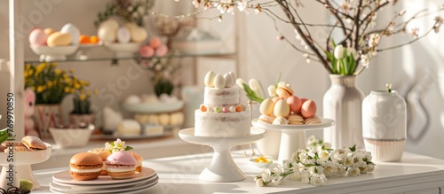 Easter-themed decorations including cakes  eggs  and willow branches displayed on a white table  creating a festive scene with space for design.