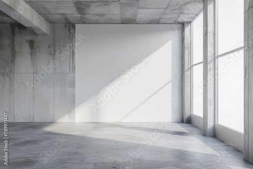 A minimalist photo studio with concrete walls and lighting equipment  featuring a white backdrop for photography Generative AI