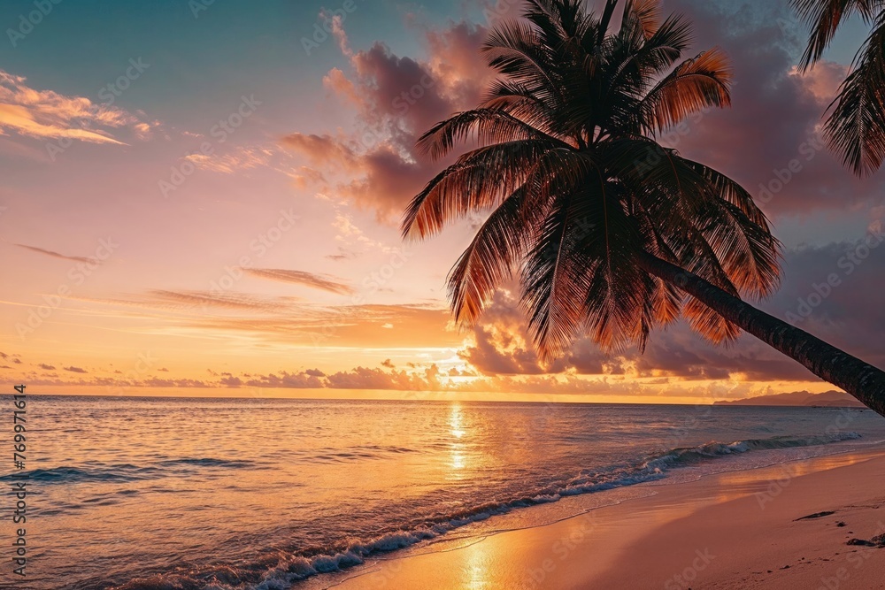 Magical Sunrise Beach in the Caribbean. Scenic Vacation Shoreline. Tourism banner.