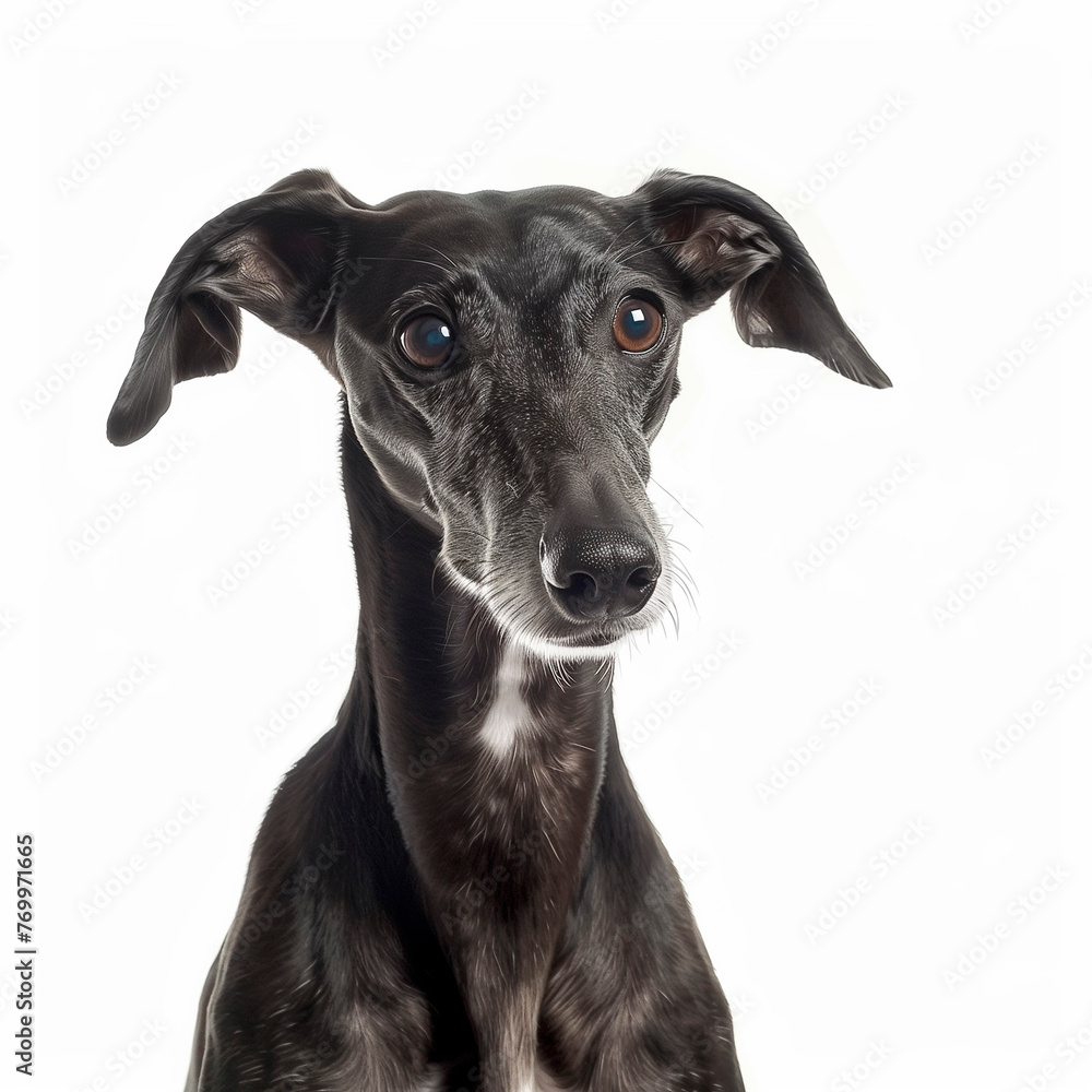 A photo of a purebred greyhound facing the camera, shot from chest and up, isolated on white background, even lighting