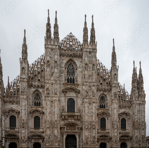 Architectural details of Gothic cathedral church in Milan, tourist attraction in northern Italy