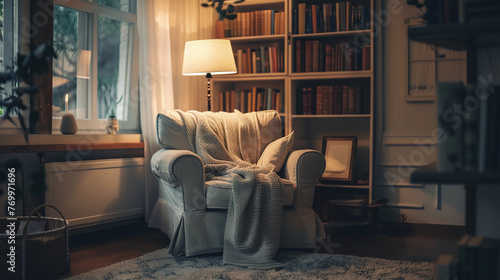 A beige armchair with blanket and cushions in home setting. Interior decor. Cozy reading nook armchair, bookshelf filled with books of all genres, reading time, elegant interior design © Jullia