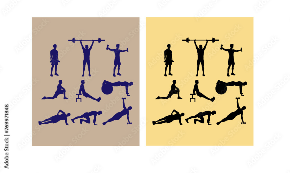 set male CrossFit silhouettes, people, silhouettes, icons, sports, fitness, gym, black, blue, group, man, illustration, vector,