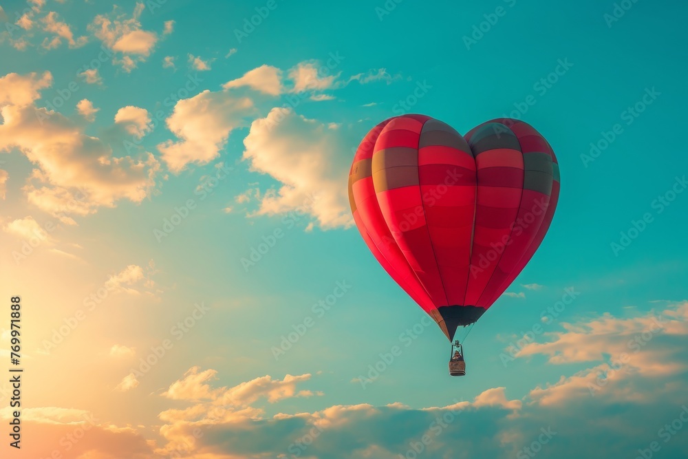 Obraz premium A heart shaped hot air balloon gracefully floats through the sky, showcasing its unique shape and vibrant colors, A heart-shaped hot air balloon soaring in the sky, AI Generated