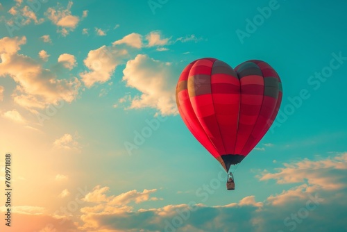 A heart shaped hot air balloon gracefully floats through the sky, showcasing its unique shape and vibrant colors, A heart-shaped hot air balloon soaring in the sky, AI Generated