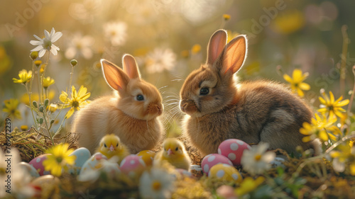two Easter bunnies playing with yellow baby chickens, in a sunny spring garden with flowers and colourful Easter eggs,generative ai
