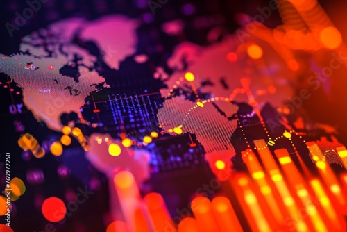 Close Up of a Map of the World, A heat map showing hot spots in the stock market, AI Generated photo