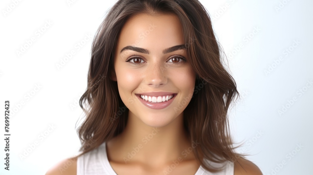Close-up portrait of yong woman casual portrait in positive view, big smile, beautiful model posing in studio over white background. Close-up portrait of yong woman casual portrait in positive view, big smile, beautiful model posing in studio over white background.