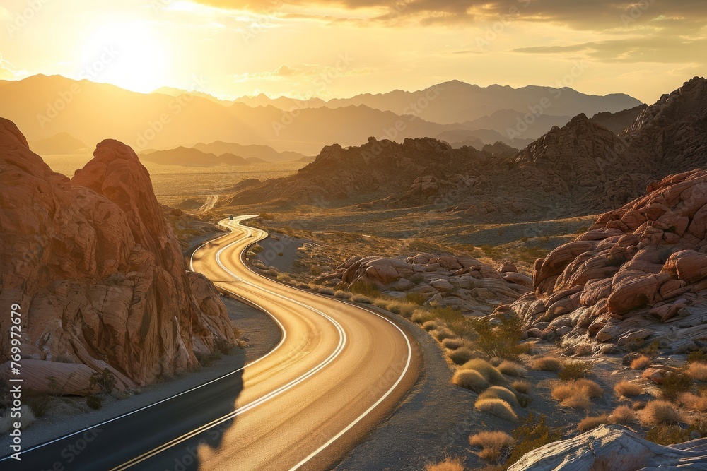 Fototapeta premium A long, dusty road cuts through the rugged desert landscape under a clear blue sky, A highway snaking through a rocky desert scape at sunset, AI Generated