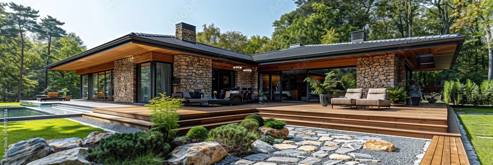 Obraz premium A picturesque villa with a spacious lawn and garden, showcasing classic architecture