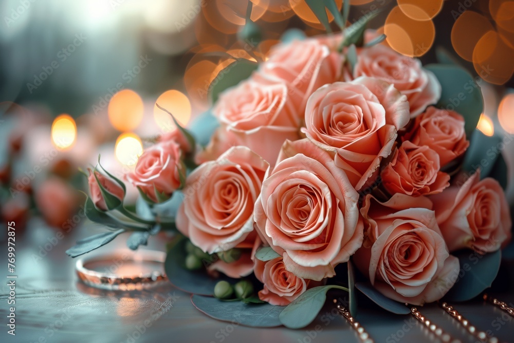 Romance and elegance of the marriage ceremony with a stunning bouquet and shimmering ring Romance and elegance of the marriage ceremony with a stunning bouquet and shimmering ring