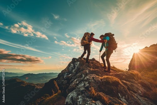 A couple of people standing proudly and admiring the view from the summit of a mountain, A hiker boosting their friend to conquer the mountain, AI Generated