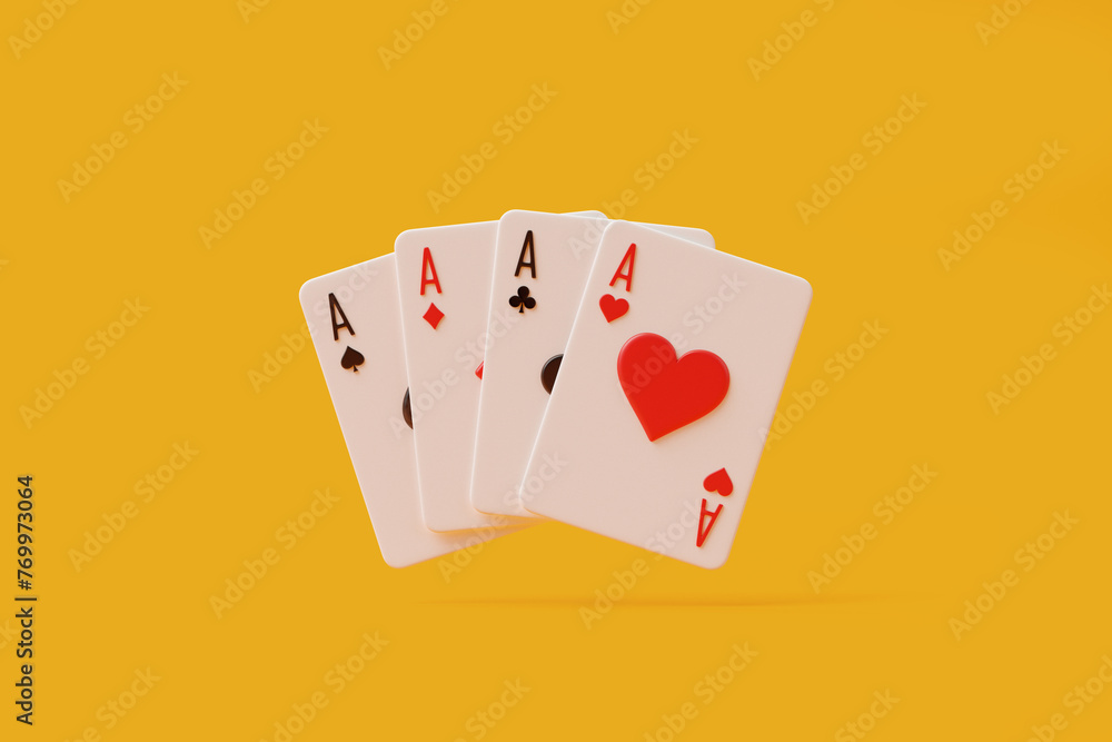 Four Aces Playing Cards on Yellow Background - obrazy, fototapety, plakaty 