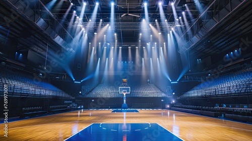 Look up at the NBA game, where big perspective meets indoor basketball court, bathed in dramatic spotlight.