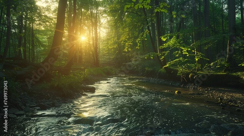 A peaceful riverbend surrounded by dense forests, bathed in the soft light of a 4K HDR sunset. photo