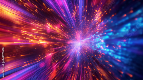 A dynamic abstract light effect resembling warp speed travel through space, with vibrant blue and orange streaks.