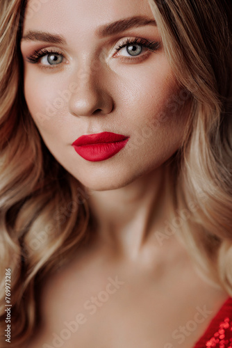 Beautiful blonde woman model in a red dress on a black background in a red shiny dress with makeup and bright red lips. Concept fashion industry, makeup artists or advertising of fragrance, cosmetics.