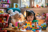 Cute little asian girl playing with colorful toys at home.
