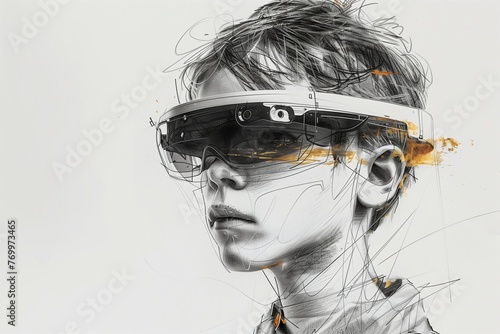 Sketch of a teenager boy engaging with Augmented Reality goggles