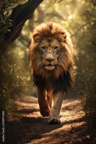 Lion walking down jungle savannah path 