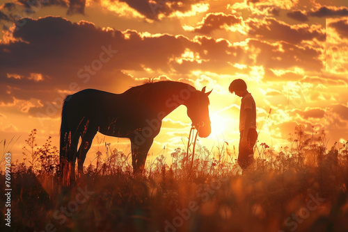 Silhouette of a man and horse at sunset