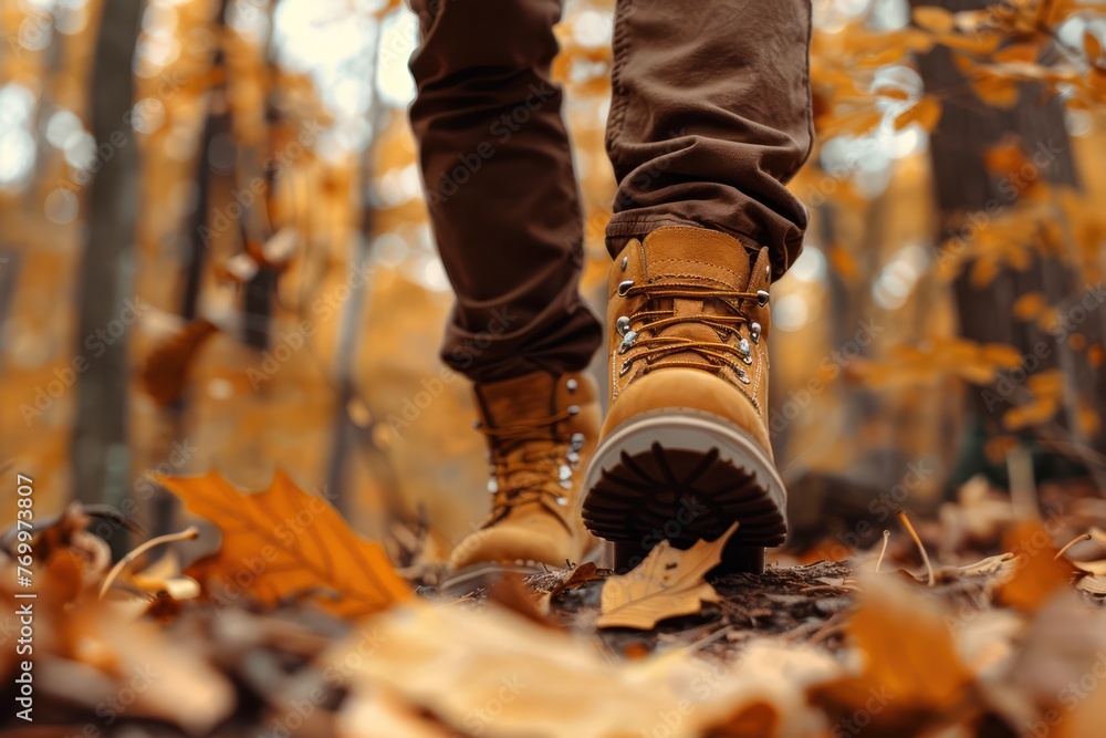 A man goes on a hiking trip through the mountains. View of feet in boots. Travel and active holiday concept