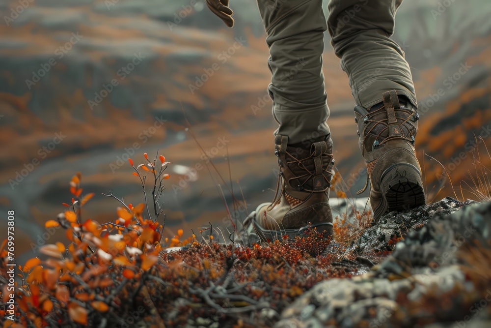 Obraz premium A man goes on a hiking trip through the mountains. View of feet in boots. Travel and active holiday concept