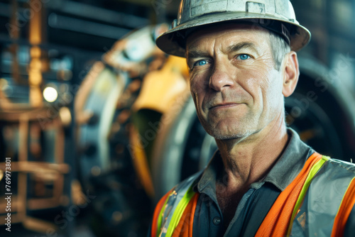 Portrait of senior man in hardhat standing in industrial factory.  © PixelGallery