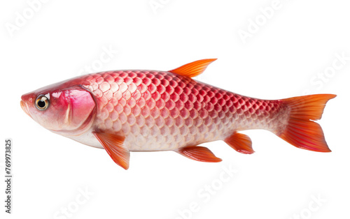 A vibrant red and white fish gracefully swimming against a clean white background