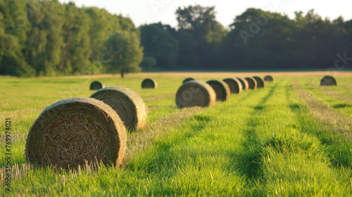 Round hay bales dot a green field, forming a line that recedes into the distance under a clear sky. photo